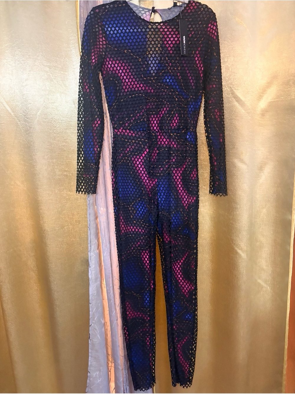 Fashion Nova Black Lace Jumpsuit with Pink & Blue Underlay